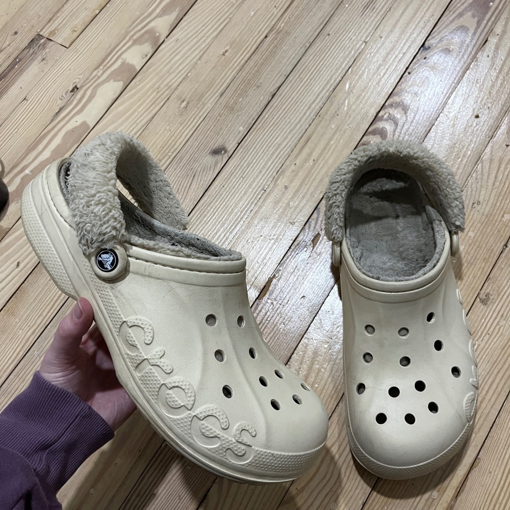 Crocs Baya Lined Clog Mens 11 Bone Beige Faux Fur Fleece Warm Slip On Mules